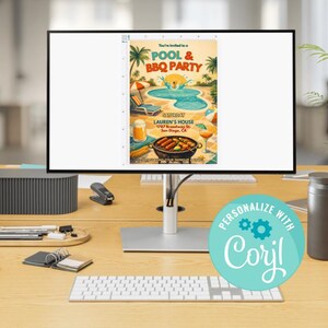 Peut inclure: Un &eacute;cran d'ordinateur affiche une invitation de style vintage pour une f&ecirc;te piscine et barbecue. L'invitation pr&eacute;sente une sc&egrave;ne de piscine avec des palmiers, un barbecue et le texte "POOL & BBQ PARTY". L'invitation comprend le texte "LAUREN'S HOUSE" et "San Diego, CA".