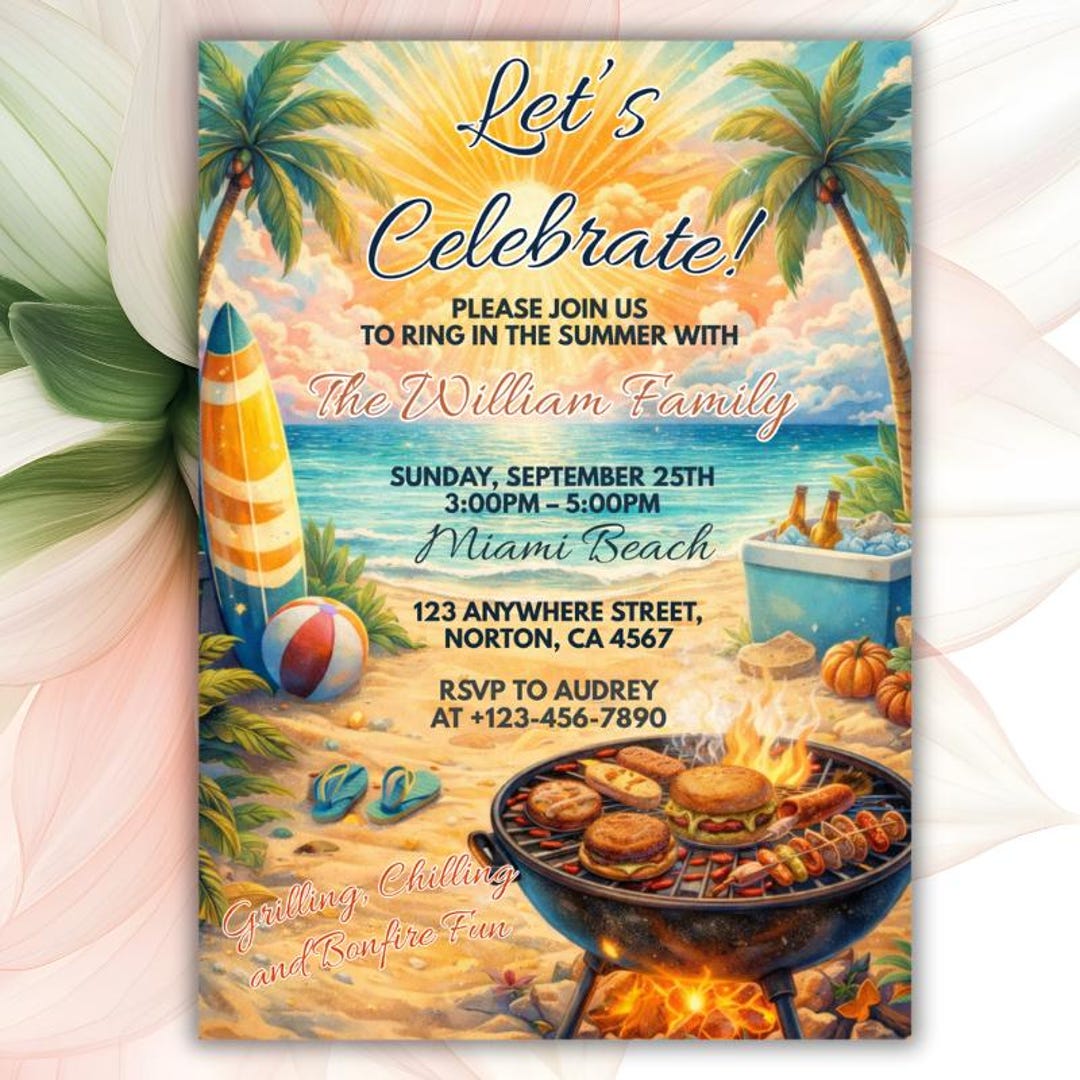 Summer Invite Summer Beach Party Invitation, Family BBQ Invite, Tropical Beach ...