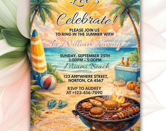Invitation fête d'été sur la plage, invitation à un barbecue en famille, rassemblement sur la plage tropicale, invitation à une fête Luau, imprimable célébration d'été