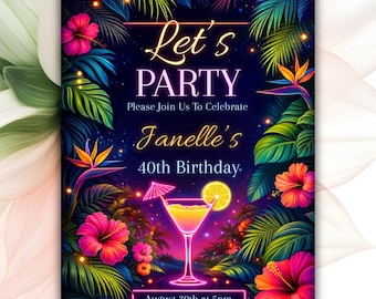 Faire-part d'anniversaire tropical, invitation de fête Luau, cocktail d'anniversaire néon, modèle modifiable d'été hawaïen