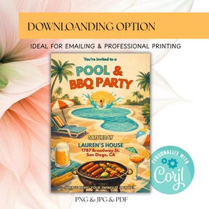 Peut inclure: Une invitation de style vintage pour une f&ecirc;te piscine et barbecue. Le design pr&eacute;sente une piscine, des palmiers et un barbecue avec de la nourriture. Le texte comprend "POOL & BBQ PARTY", "Lauren's House", et "Please bring your swimsuit & towel".