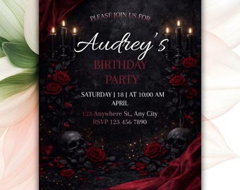 Faire-part d'anniversaire gothique, faire partie d'une fête gothique sombre, crâne de roses rouges noires, anniversaire d'Halloween de vampire, modèle modifiable