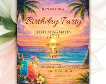 Invitation d'anniversaire tropicale, invitation de fête d'anniversaire de plage, invitation de fête de plage de coucher du soleil, invitation d'anniversaire d'île, anniversaire adulte imprimable