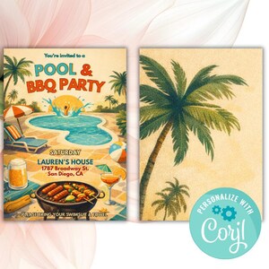 Peut inclure: Invitation de style vintage pour une f&ecirc;te piscine et barbecue. Le design pr&eacute;sente une sc&egrave;ne de piscine avec des palmiers, un barbecue et des boissons. Le texte indique "Pool & BBQ Party" et comprend la date, le lieu et une demande d'apporter un maillot de bain et une serviette.