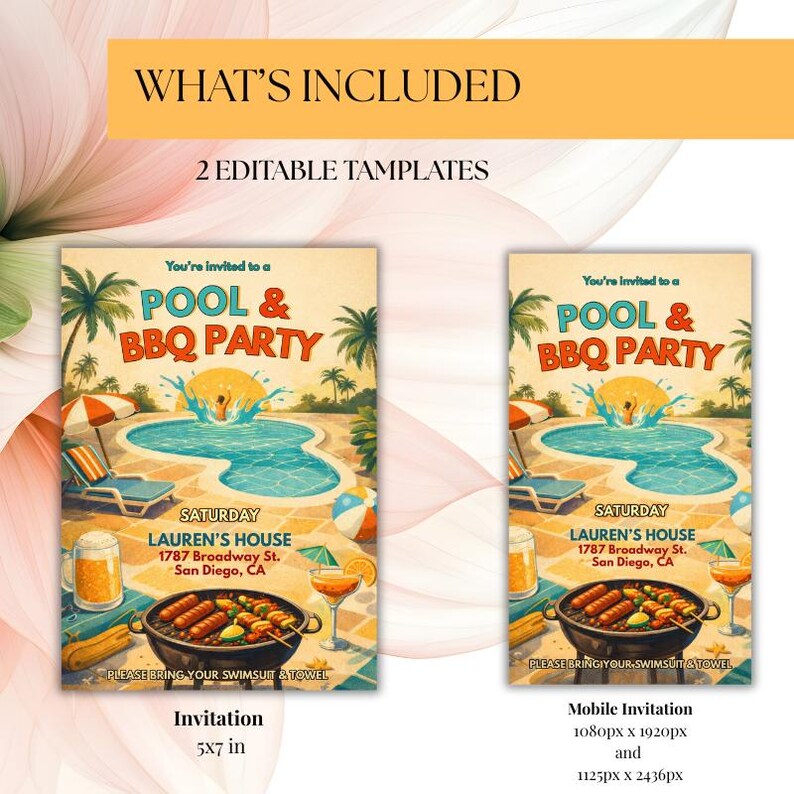 Peut inclure: Deux mod&egrave;les d'invitation pour une f&ecirc;te piscine et barbecue. Le design pr&eacute;sente une sc&egrave;ne de piscine avec des palmiers, un barbecue et des boissons. Le texte comprend "POOL & BBQ PARTY", "LAUREN'S HOUSE" et "PLEASE BRING YOUR SWIMSUIT & TOWEL".