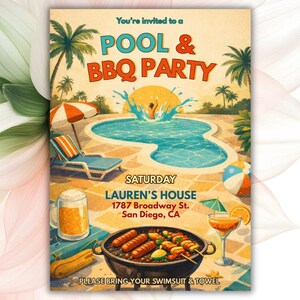 Peut inclure: Une invitation de style vintage pour une f&ecirc;te piscine et barbecue. Le design pr&eacute;sente une piscine, des palmiers et un barbecue. Le texte comprend "POOL & BBQ PARTY", "LAUREN'S HOUSE" et "PLEASE BRING YOUR SWIMSUIT & TOWEL".