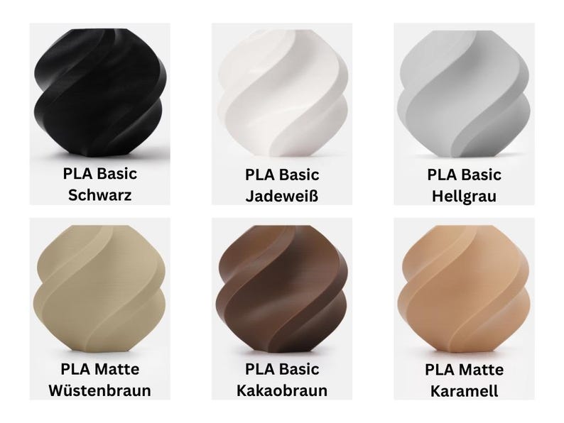 May include: Six small vases with a spiraling, twisted geometric design. The colors include black, white, light gray, desert brown, cocoa brown, and caramel. Each vase is labeled with its material type and color name, such as PLA Basic and PLA Matte.