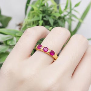 14k Gold Flush Set Ruby Ring, 3 Stone Oval Ruby Gypsy Ring, Low Profile Chunky Gold Band, Modern July Birthstone Jewelry