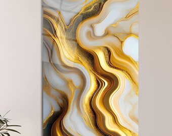 Decorazione murale in vetro effetto marmo bianco e oro, lussuoso decoro astratto in agata, moderno elemento decorativo in vetro