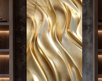 Decorazione murale in vetro dorato, lussuoso ornamento astratto a onde, moderno elemento metallico per interni eleganti.
