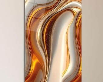 Opera d'arte in vetro con onda astratta color ambra e oro, lussuoso complemento d'arredo metallico per interni.
