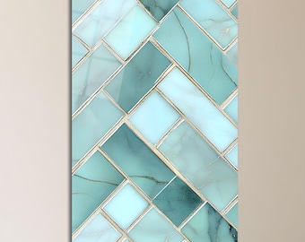 Aqua Blue Geometric Glass Wall Art, Modern Tile Design, Tempered Decor