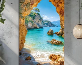 Coastal Ocean Cave Tempered Glass Wall Art, Turquoise Landscape Decor