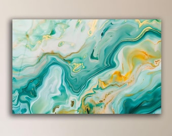 Quadro astratto verde e oro, opera d'arte moderna e fluida per un arredamento elegante.