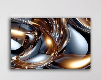 Decorazione murale in vetro argento e oro, design astratto metallico, arredamento contemporaneo.