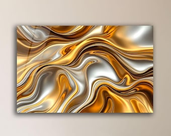 Quadro da parete in vetro fluido oro e argento, design di lusso con nastro metallico (vetro temperato)