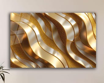 Decorazione murale in vetro metallizzato dorato a strati, con motivo astratto a nastro, arredamento di lusso.