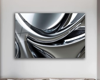 Decorazione murale in metallo liquido argentato, moderna decorazione in vetro temperato, curve futuristiche