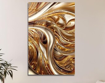 Quadro da parete in vetro metallizzato color oro, design astratto fluido di lusso, arredamento moderno per la casa.