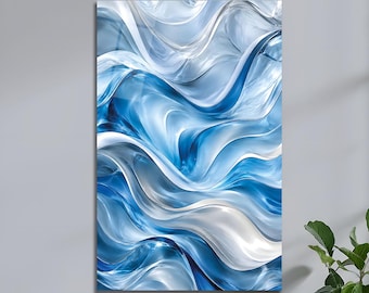 Oceaanblauwe glazen muurkunst, luxe vloeiend abstract ontwerp, modern decor van gehard glas