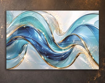 May include: A rectangular wall art piece featuring abstract, flowing waves in shades of deep navy, bright turquoise, and white. The composition is accented with metallic gold lines that follow the curves, complemented by scattered gold glitter.