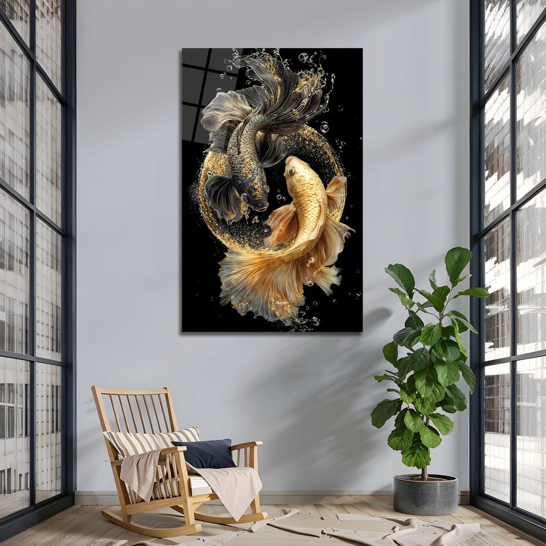 Yin Yang Koi Fish Tempered Glass Art | Luxury Feng Shui Statement Wall ...