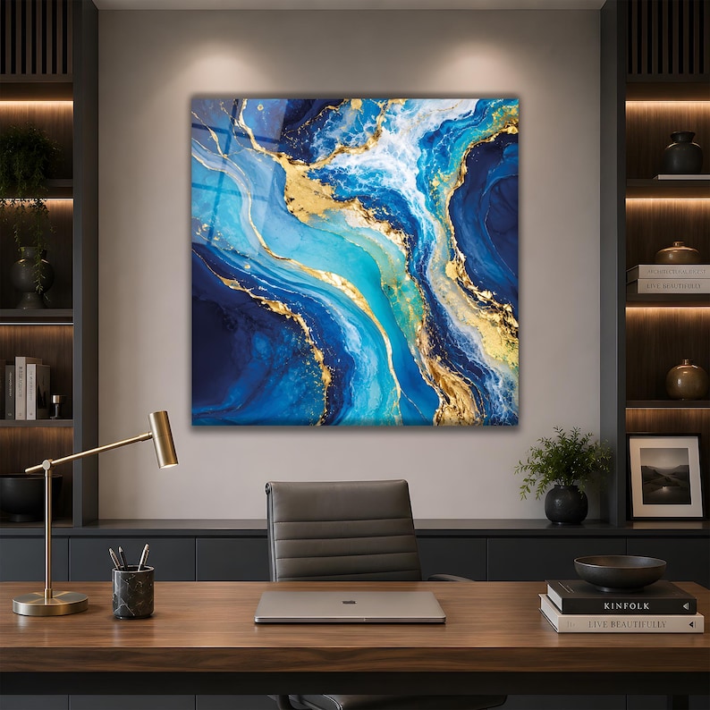 Blue Gold Glass Wall Art, Ocean Geode Abstract Decor for Modern Living ...