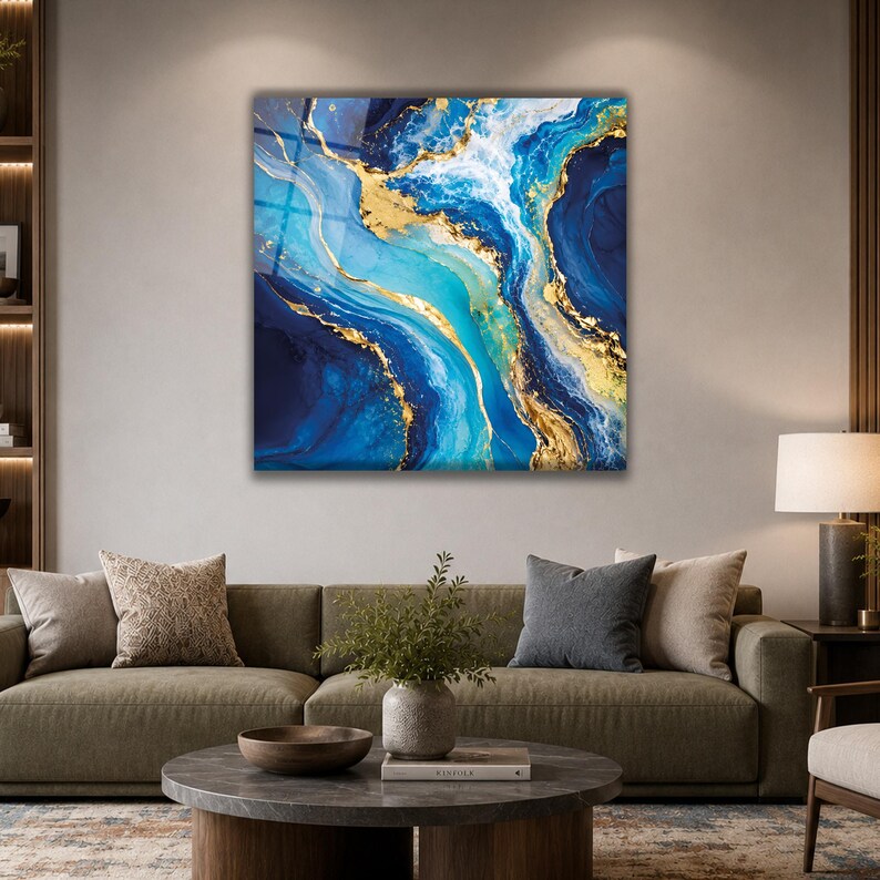 Blue Gold Glass Wall Art, Ocean Geode Abstract Decor for Modern Living ...