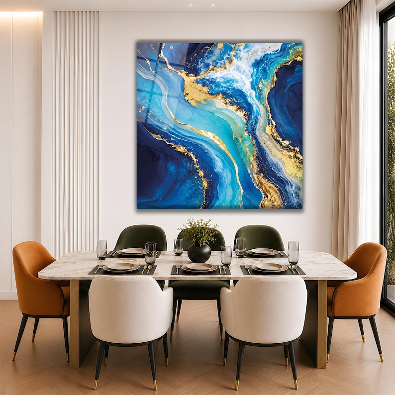 Blue Gold Glass Wall Art, Ocean Geode Abstract Decor for Modern Living ...