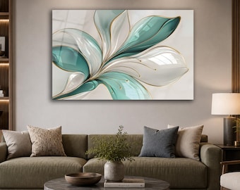 May include: A rectangular wall art piece featuring a stylized, abstract floral design with flowing, layered petals in shades of teal and white, accented by thin, reflective gold outlines against a soft, neutral, off-white background.