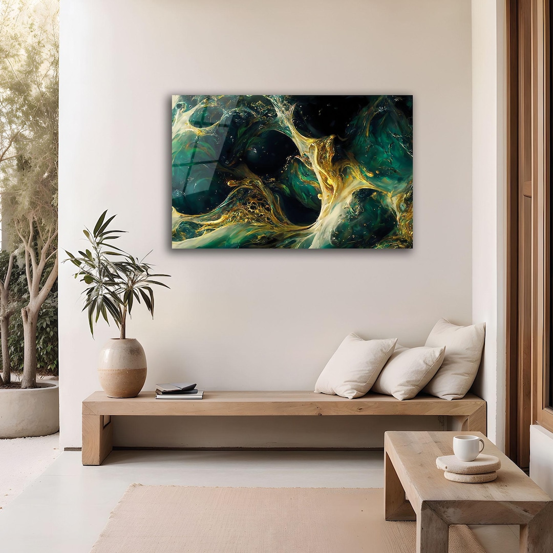 Emerald Green Gold Marble Tempered Glass Wall Art – Abstract Luxury ...