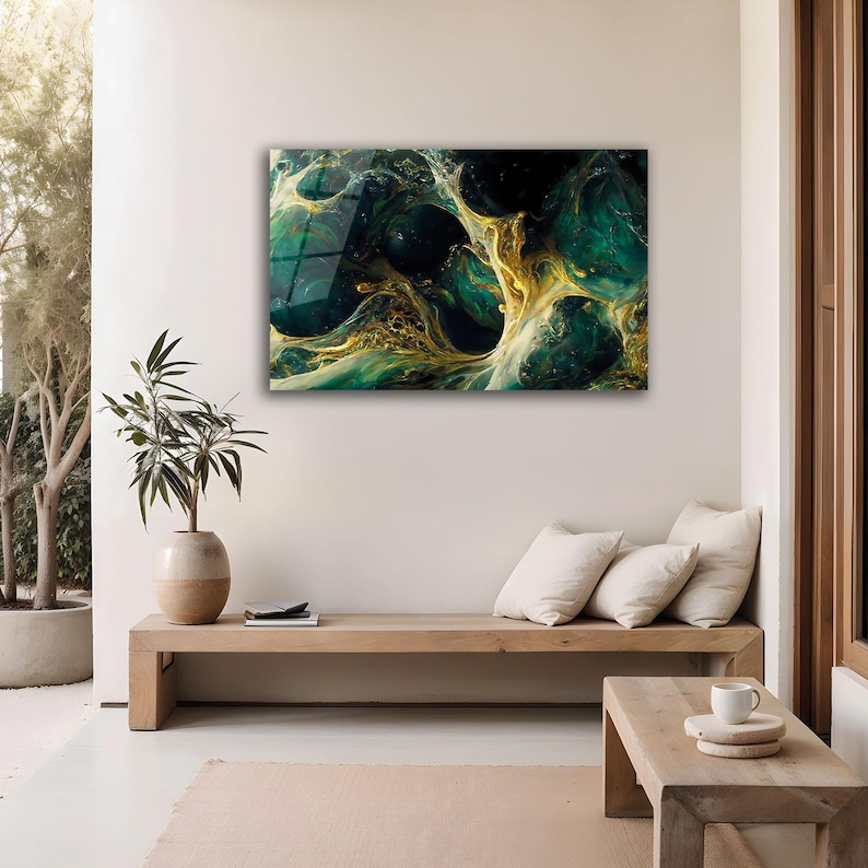 Emerald Green Gold Marble Tempered Glass Wall Art – Abstract Luxury ...