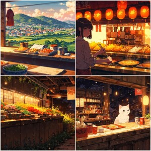 以下が含まれることがあります： 田舎の風景、オレンジ色の提灯が並ぶ屋台で料理をする人物、色鮮やかな市場の陳列、そして食べ物が置かれた木製のカウンターに座る白い猫の4つのパネルで構成されたコラージュ画像です。