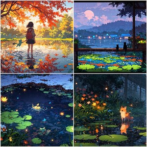 May include: A four-panel collage featuring a person standing in an autumn pond, a rainy evening view of a lake with two cats, a dark pond with lily pads and a glowing creature, and a fox standing in a pond surrounded by orange flowers and fireflies.