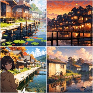 Cat Fishing Village Dock Anime Wallpaper | 4K Desktop Background (Digital Download)