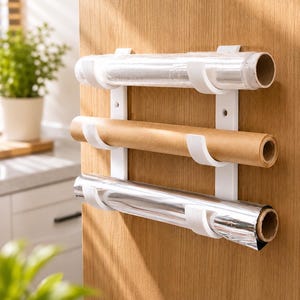 Peut inclure: Un organisateur de cuisine blanc, fixé au mur, contenant trois rouleaux d'emballage. Le rouleau supérieur est du film plastique transparent, le milieu est du papier brun et le bas est du papier d'aluminium. Fixé sur une porte en bois.