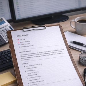 Puede incluir: Un currículum vitae en un portapapeles de cuero marrón con un clip plateado. El currículum incluye información de contacto, un perfil personal, habilidades clave y experiencia laboral. Una taza de café, bolígrafos y unos auriculares también están en el escritorio de madera.