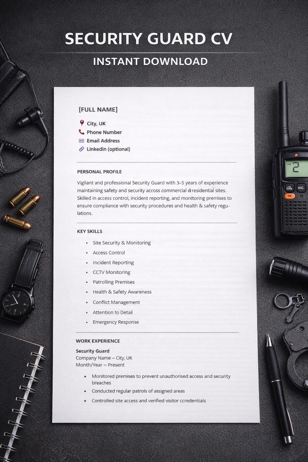 Security Guard CV Template UK | ATS Resume (instant Download) - Etsy ...