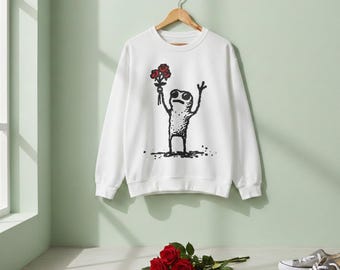 Frog Holding Roses Sweatshirt, Funny Cottagecore Crewneck