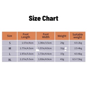 Puede incluir: Una tabla de tallas con el t&iacute;tulo "Size Chart" en texto negro. La tabla tiene cuatro columnas: Talla, Longitud del pie, Ancho del pie, Peso y Peso adecuado. La tabla incluye tallas S, M, L y XL, con medidas en cm.