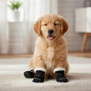 May include: A golden retriever puppy with light golden fur sitting down, wearing four black dog boots with white faux fur trim around the top edges. The puppy has a happy expression with its tongue slightly out, facing forward in a bright room.