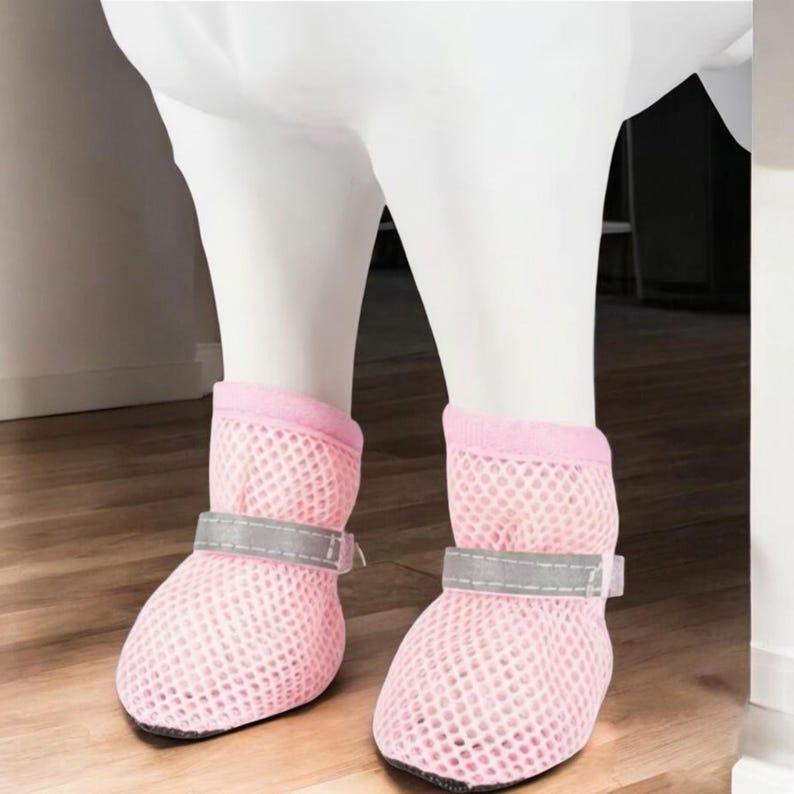 Puede incluir: Botas rosas de malla para perros con correas grises reflectantes. Las botas tienen un pu&ntilde;o rosa y una suela negra. Las botas est&aacute;n dise&ntilde;adas para proteger las patas de un perro. Est&aacute;n sobre una superficie clara.