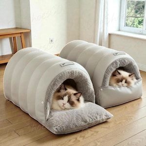 Cama semi-fechada em couro para gatos: almofada de lã macia, lavável e antiderrapante.