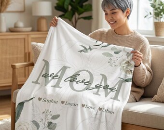 Gepersonaliseerde moederdeken, aangepaste kindernaamdeken, Moederdagcadeau, bloemendeken voor mama, elegant, omacadeau, familienaamdeken