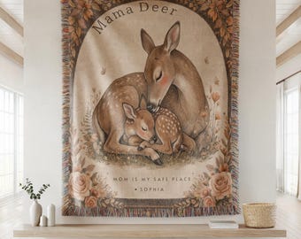 Mama Deer Blanket, Personalized Mom Blanket, Woodland Nursery Blanket, Custom Mom Gift with Child Name, Mother's Day Gift for Mom