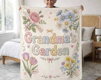 Gepersonaliseerde omadeken, aangepaste oma-tuindeken met namen, bloemen familiedeken cadeau voor oma, Moederdagcadeau