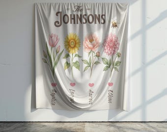 Personalized Birth Flower Blanket, Custom Family Name Blanket, Mom Gift, Mothers Day Gift, Grandma Gift, Kids Name Blanket, Floral Family