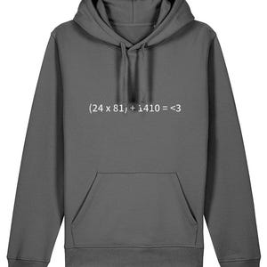 May include: A dark grey hoodie with a front pocket and a drawstring hood. The front of the hoodie features the equation "(24 x 81) + 1410 = <3" in white text.