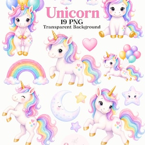 Unicorn Watercolor Clipart Bundle PNG, Magic Unicorn Watercolor PNG, Cute Unicorn, Rainbow, Star, Moon, Watercolor Magic Unicorn