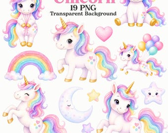 Bundel met aquarel clipart van eenhoorns in PNG-formaat, magische eenhoorn in aquarel PNG, schattige eenhoorn, regenboog, ster, maan, magische eenhoorn in aquarel.